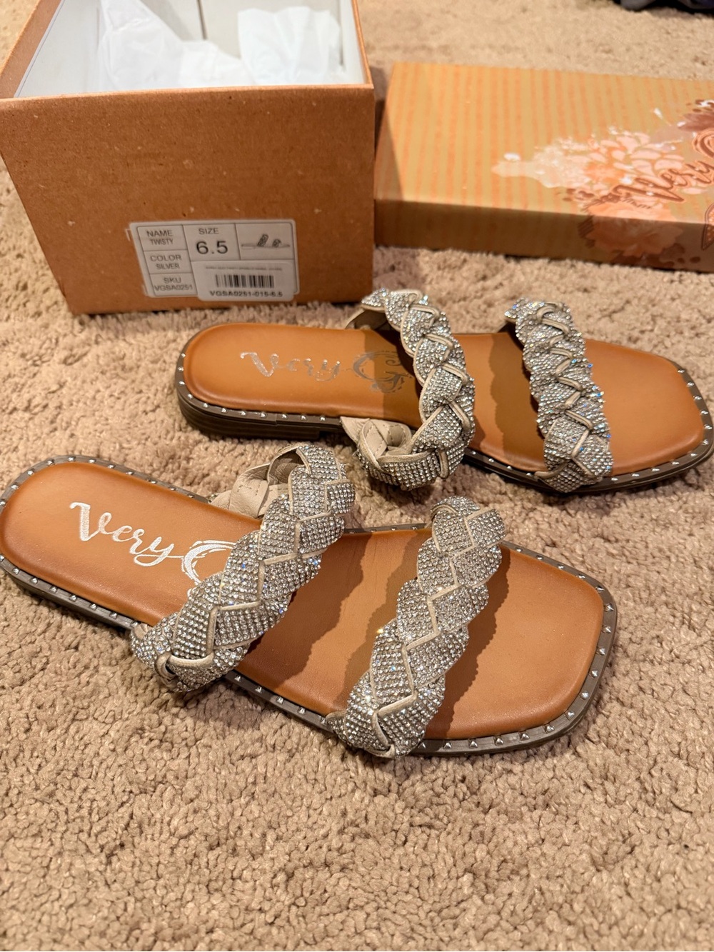 Very G Twisty Silver Braided Slide Sandals